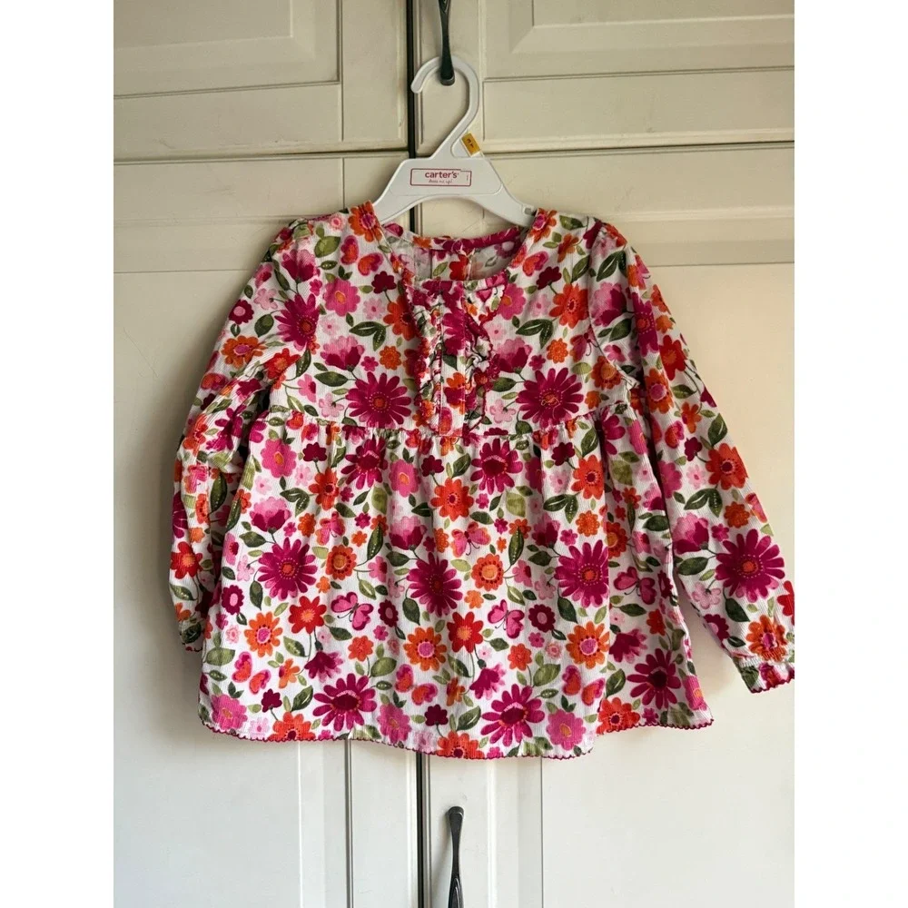 Gymboree Girls 5T Floral Butterfly Corduroy Top Pink Orange Ruffle Long Sleeve